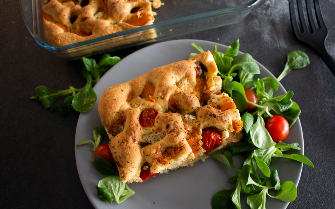 Focaccia saumon, chèvre et tomates cerise
