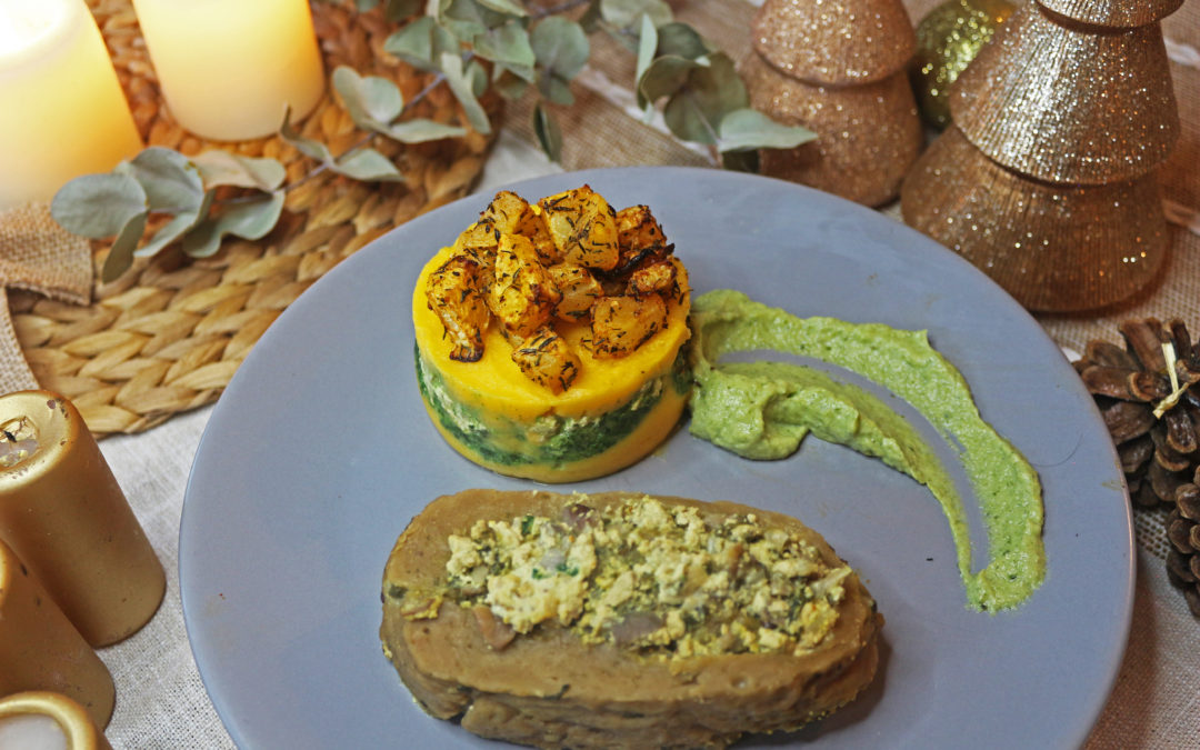 Rôti de Seitan, Timbale de purée de Butternut et ses légumes rôtis et mousse de brocolis