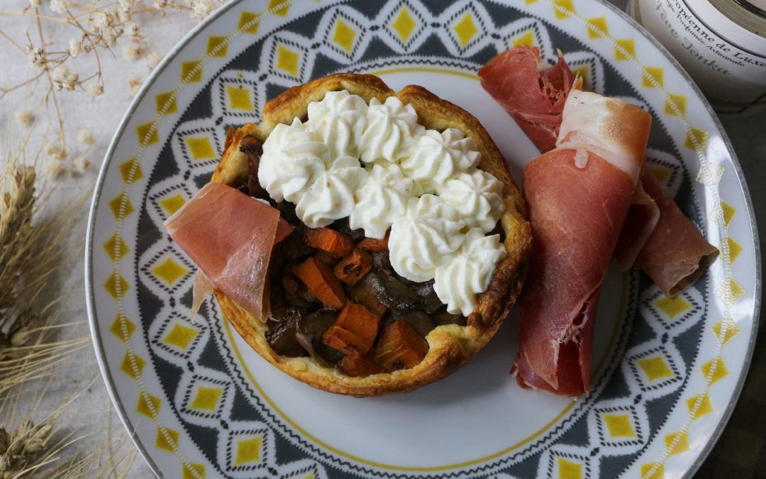 Tarte fine ricotta champignon carotte jambon sec